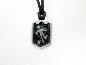handmade soccer player pendant necklace, pendant with black background, on black cord, for men or women.