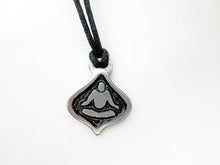 Load image into Gallery viewer, handmade pewter yoga lotus pendant necklace, pendant with black background, on black cord, for men or women.