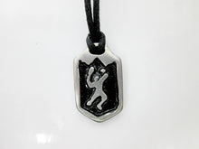 Load image into Gallery viewer, handmade pewter tennis player pendant necklace, pendant with black background, on black cord, for men or women.