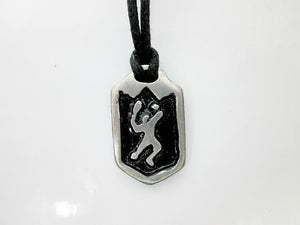 handmade pewter tennis player pendant necklace, pendant with black background, on black cord, for men or women.