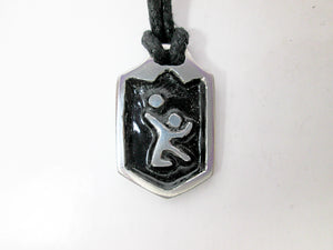handmade pewter volleyball player pendant necklace, pendant with black background, on black cord, for men or women.