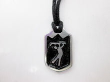 Load image into Gallery viewer, handmade pewter golf player pendant necklace, pendant with black background, on black cord, for man or woman. (photo taken on a white background)
