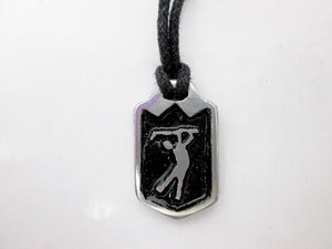 handmade pewter golf player pendant necklace, pendant with black background, on black cord, for man or woman. (photo taken on a white background)