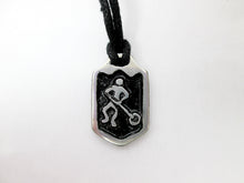 Load image into Gallery viewer, handmade pewter ringette player pendant necklace, pendant with black background, on black cord, for men or women.