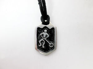 handmade pewter ringette player pendant necklace, pendant with black background, on black cord, for men or women.