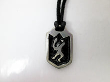 Load image into Gallery viewer, handmade pewter tennis player pendant necklace, pendant with black background, on black cord, for men or women