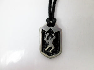 handmade pewter tennis player pendant necklace, pendant with black background, on black cord, for men or women