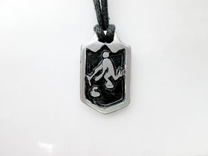 curling player pendant necklace, pendant with black background, on black cord. for unisex teen or adult. (photo taken on a white background)