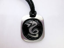 Load image into Gallery viewer, Year of the snake Chinese zodiac pendant necklace for unisex, squarish pendant with black background, cotton cord style. (picture taken on a white background)