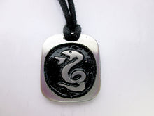 Load image into Gallery viewer, Year of the snake necklace, for unisex, squarish pendant with black background, cotton cord style. (picture taken on a white background)