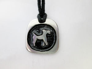 Year of the Dog Chinese zodiac pendant necklace for unisex, squarish pendant with black background, cotton cord style. (picture taken on a white background)  