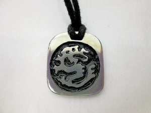 Year of the Dragon Chinese zodiac pendant necklace for unisex, squarish pendant with black background, cotton cord style. (picture taken on a white background) 
