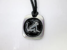Load image into Gallery viewer, Year of the Monkey Chinese zodiac pendant necklace for unisex, squarish pendant with black background, cotton cord style. (picture taken on a white background)