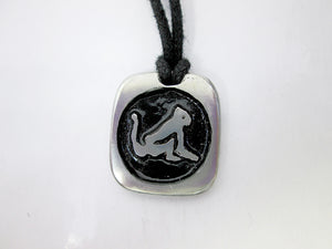 Year of the Monkey Chinese zodiac pendant necklace for unisex, squarish pendant with black background, cotton cord style. (picture taken on a white background)