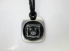 Load image into Gallery viewer, Year of the pig necklace, for unisex, squarish pendant with black background, cotton cord style. (picture taken on a white background)