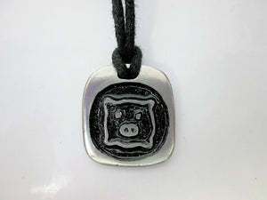 Year of the pig necklace, for unisex, squarish pendant with black background, cotton cord style. (picture taken on a white background)
