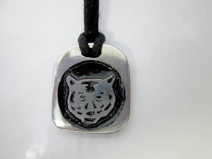 Year of the tiger Chinese zodiac pendant necklace for unisex, squarish pendant with black background, cotton cord style. (picture taken on a white background)