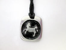 Load image into Gallery viewer, Year of the horse Chinese zodiac pendant necklace for unisex, squarish pendant with black background, cotton cord style. (picture taken on a white background