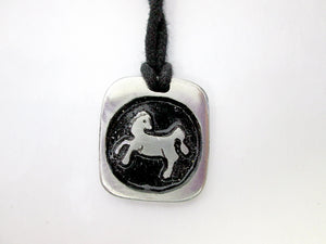 Year of the horse Chinese zodiac pendant necklace for unisex, squarish pendant with black background, cotton cord style. (picture taken on a white background