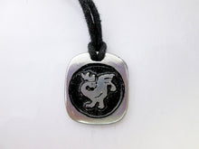 Load image into Gallery viewer, Year of the rooster necklace, for unisex, squarish pendant with black background, cotton cord style. (picture taken on a white background)
