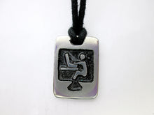 Load image into Gallery viewer, handmade pewter computer geek pendant necklace, pendant with black background, on black cord, for men or women.