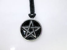 Load image into Gallery viewer, handmade pewter pentacle pendant necklace, round circle pendant with black background, on black cord. for men or women