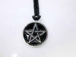 handmade pewter pentacle pendant necklace, round circle pendant with black background, on black cord. for men or women