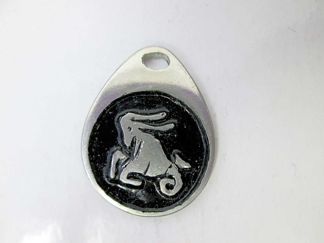 close up of Capricorn horoscope pendant with black background, teardrop shape. for man or woman.