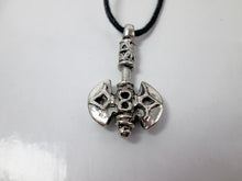 Load image into Gallery viewer, close up front view of handmade pewter Celtic axe pendant necklace, double blade, double sided. for man or women. pendant on black cord. (photo taken on a white background)