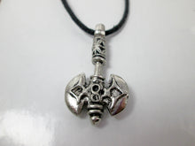 Load image into Gallery viewer, handmade pewter Celtic axe pendant necklace, double blade, double sided. for man or women. pendant on black cord. (photo taken on a white background)