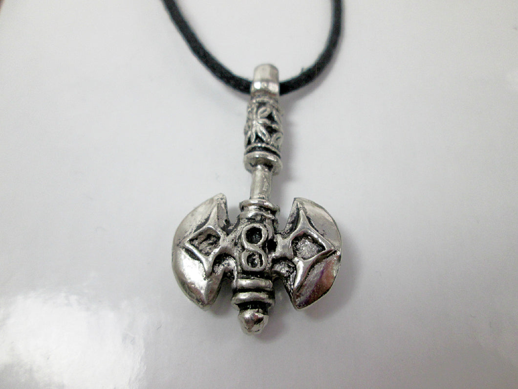 handmade pewter Celtic axe pendant necklace, double blade, double sided. for man or women. pendant on black cord. (photo taken on a white background)