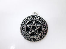 Load image into Gallery viewer, Celtic pentacle pendant necklace, round pendant with black background, for unisex teen or adult. (photo taken on a white background)