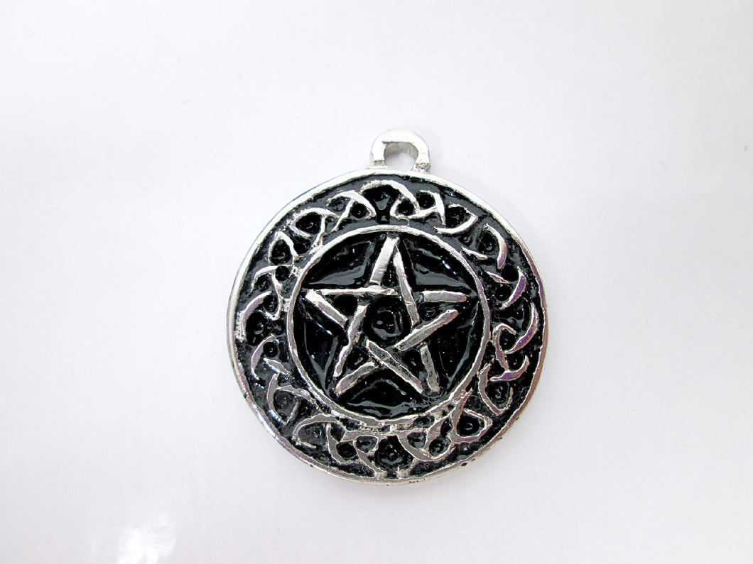Celtic pentacle pendant necklace, round pendant with black background, for unisex teen or adult. (photo taken on a white background)