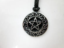 Load image into Gallery viewer, Celtic pentacle pendant necklace, round pendant with black background, on black cord, for unisex teen or adult. (photo taken on a white background)