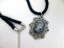 Load image into Gallery viewer, lady cameo necklace on fabric rope chain