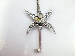 steampunk angel wings clockwork key necklace