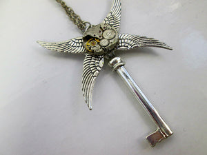clockwork key angel wings necklace