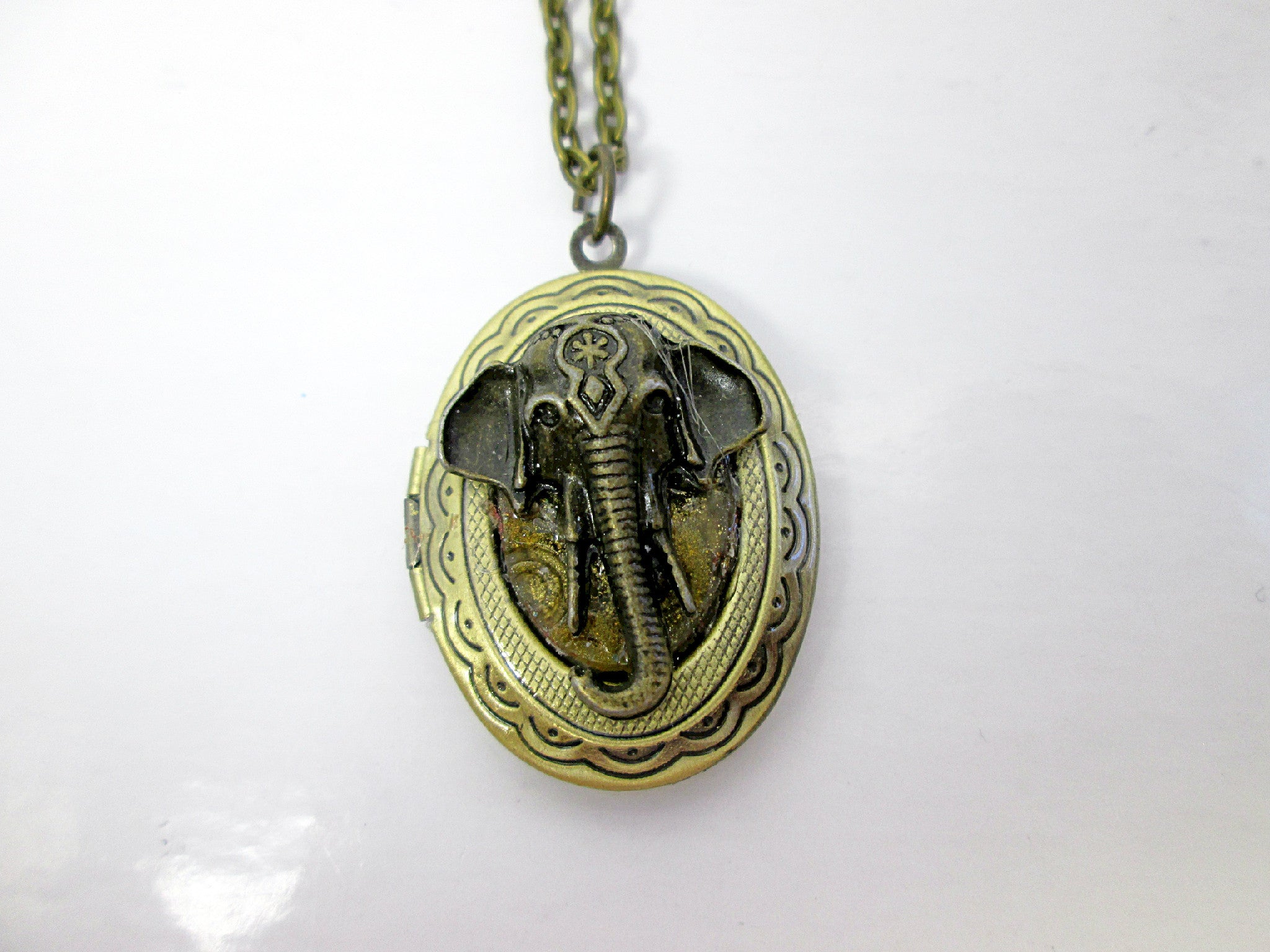 Vintage Inspired Antique Bronze Small Oval Lucky Elephant Locket Necklace