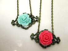Load image into Gallery viewer, verdigris patina filigree rose necklace 