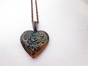 antique copper rose heart locket necklace