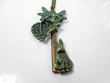 Load image into Gallery viewer, vintage inspired rabbit key necklace with garden fairy
