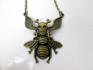 winged cross bones skull bee necklace