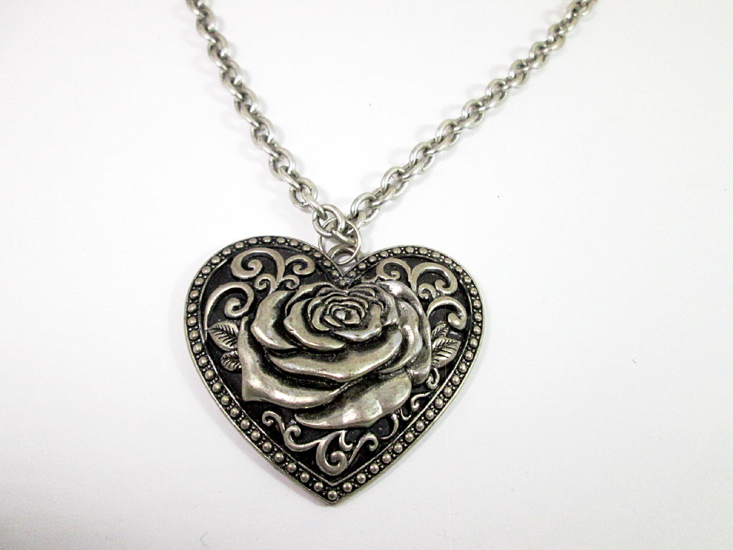 large punk heart rose necklace on chunky metal chain