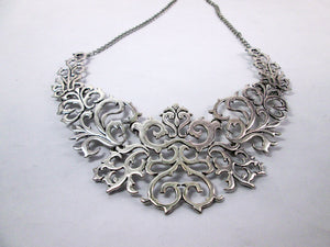 silver metal lace bib necklace