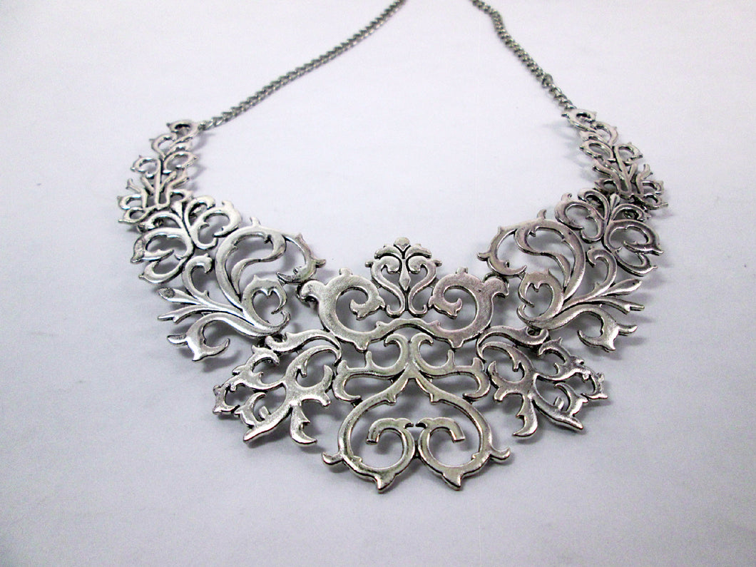 silver metal lace bib necklace