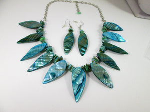 iridescent teal shell leaf statement necklace and earrings set