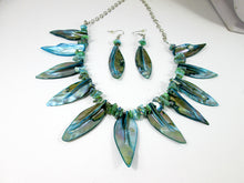 Load image into Gallery viewer, back view of teal shell necklace and earrings set