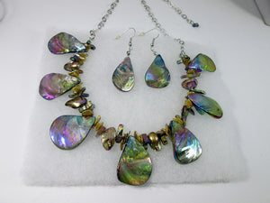 iridescent rainbow bronze seashell necklace and earrings set