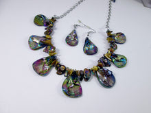 Load image into Gallery viewer, back view or rainbow bronze seashell and pearl necklace and earrings set