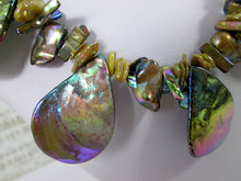 Load image into Gallery viewer, closeup front view of rainbow bronze seashell and pearl necklace and earrings set